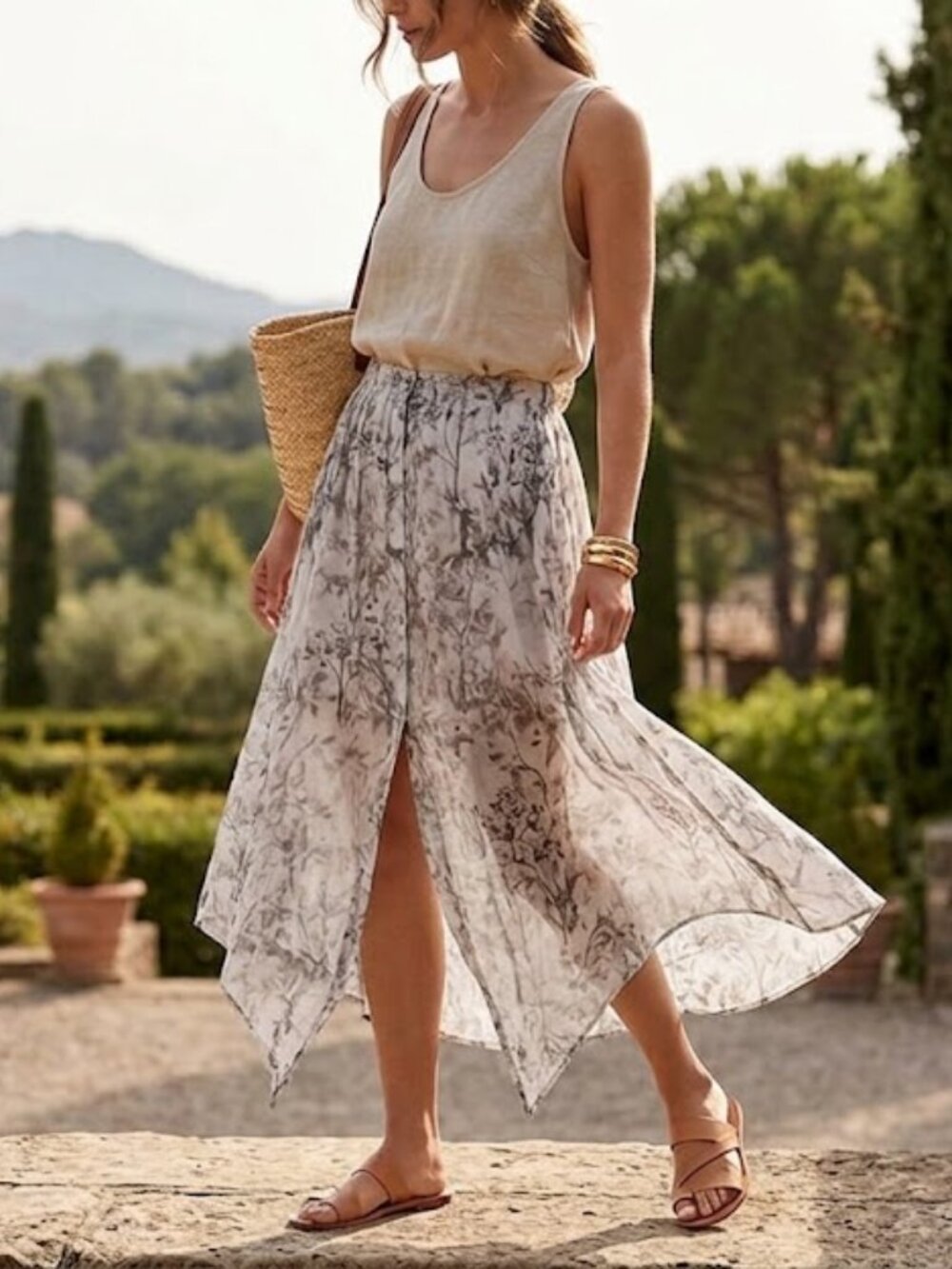 All Saints Linen Silk Sheer Botanical Print Flowy High Low Skirt Size 6